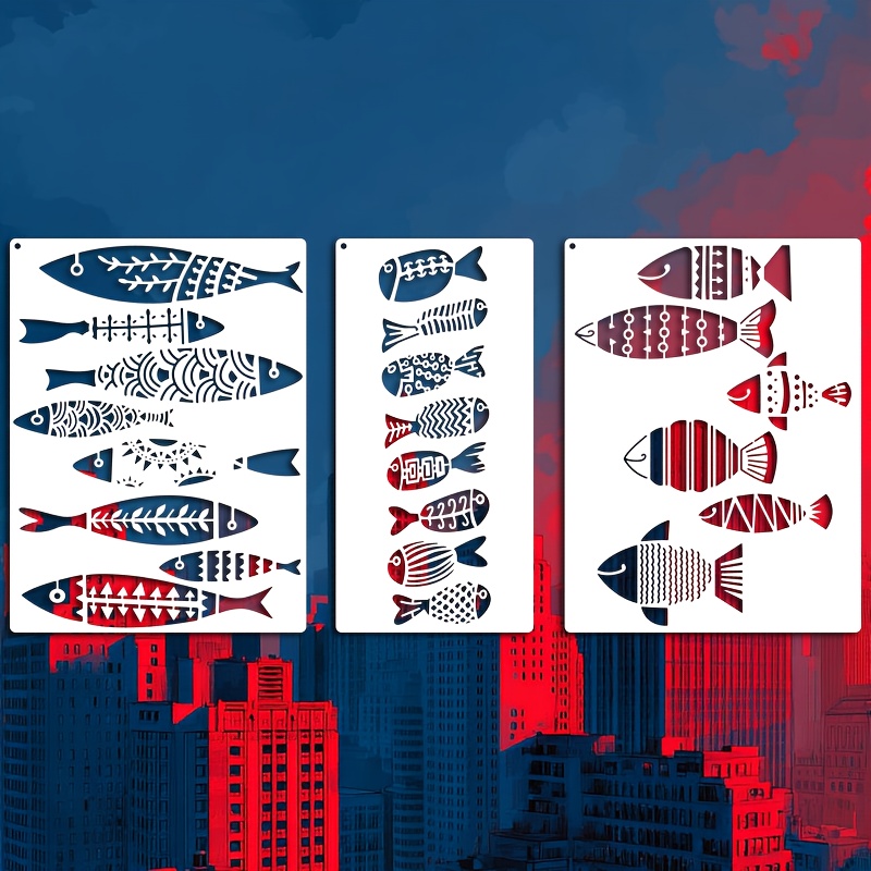 E-shop 3er-Pack Geometrische Tribal Fisch Kunst Schablonen | Wiederverwendbar für Basteln, Malen, Leinwand, Scrapbooking, , Türschilder, Shirt