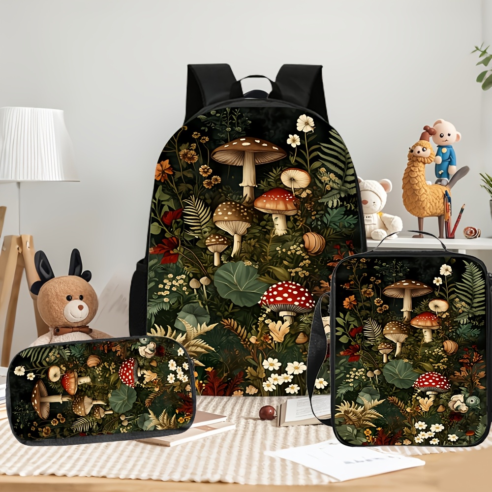 TEMU 3pcs 2d Flat Printing Backpack Set With Retro And Wild Flower 3pcs Combination Set, 2d Flat