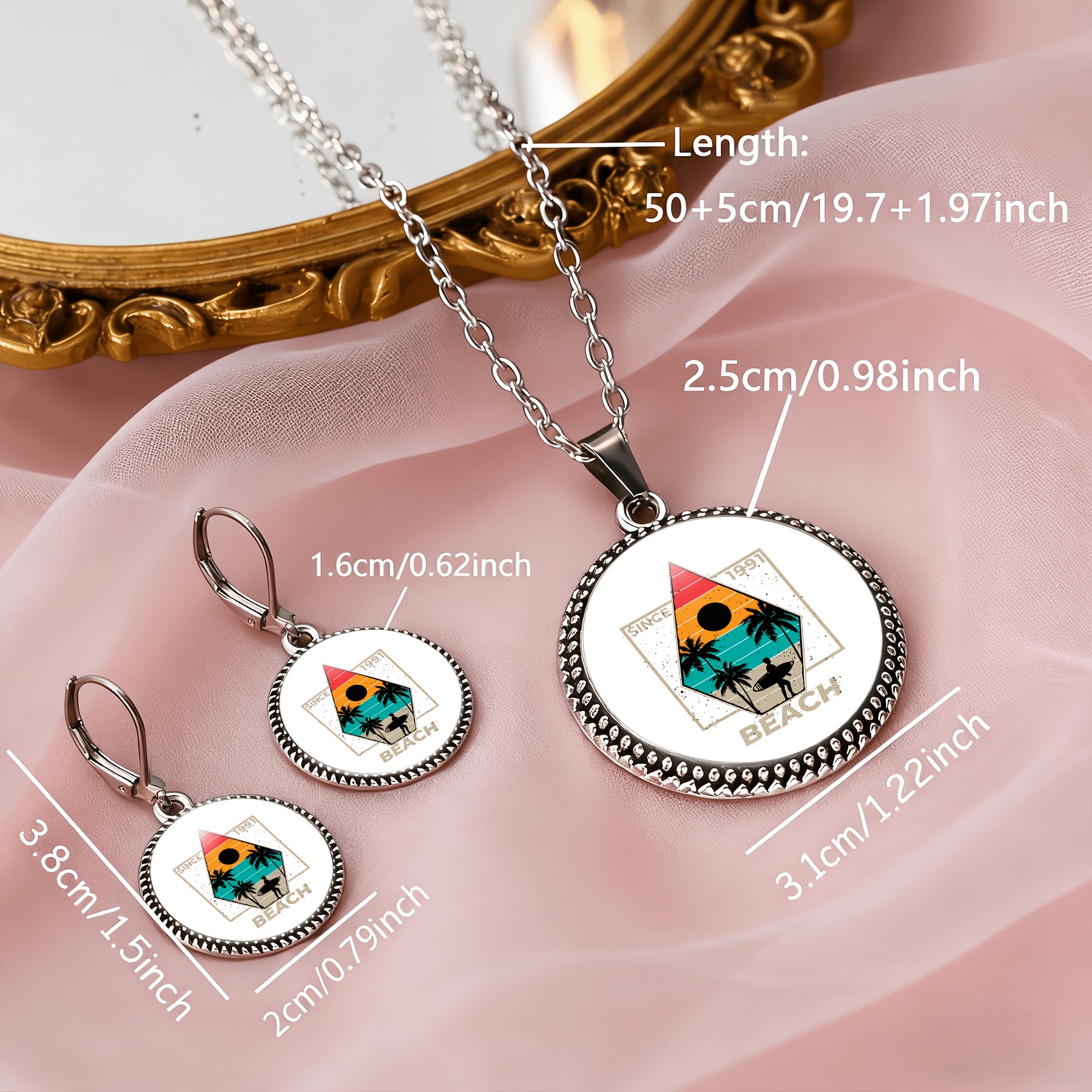 3pc Beach Sunset Round Glass Classic Jewellery Set with Necklace and Earrings