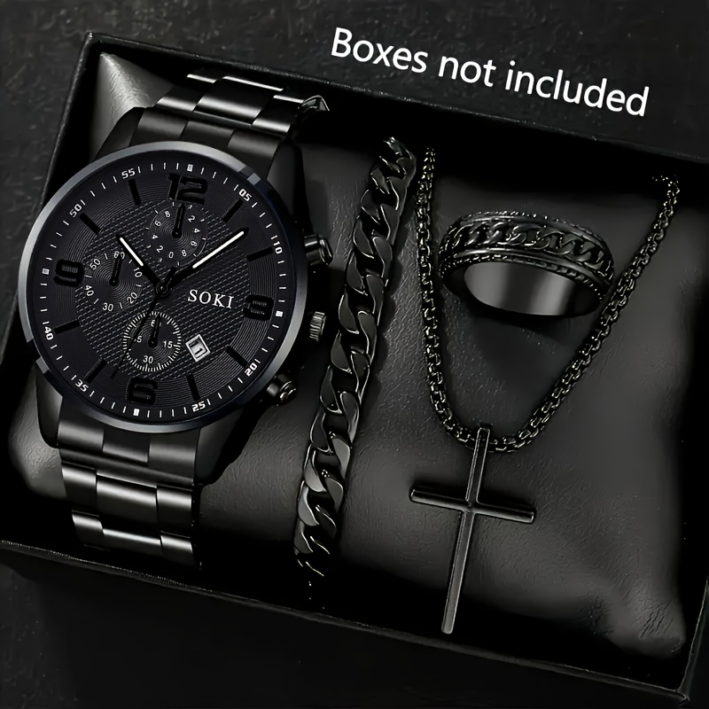 4pcs Sports Quartz Watch Set With Ring, Bracelet, Necklace, Alloy Case - Suitable For Casual And Formal Wear, Not - Perfect Gift For Valentine's Day, Christmas, New Year, Formal Additions
