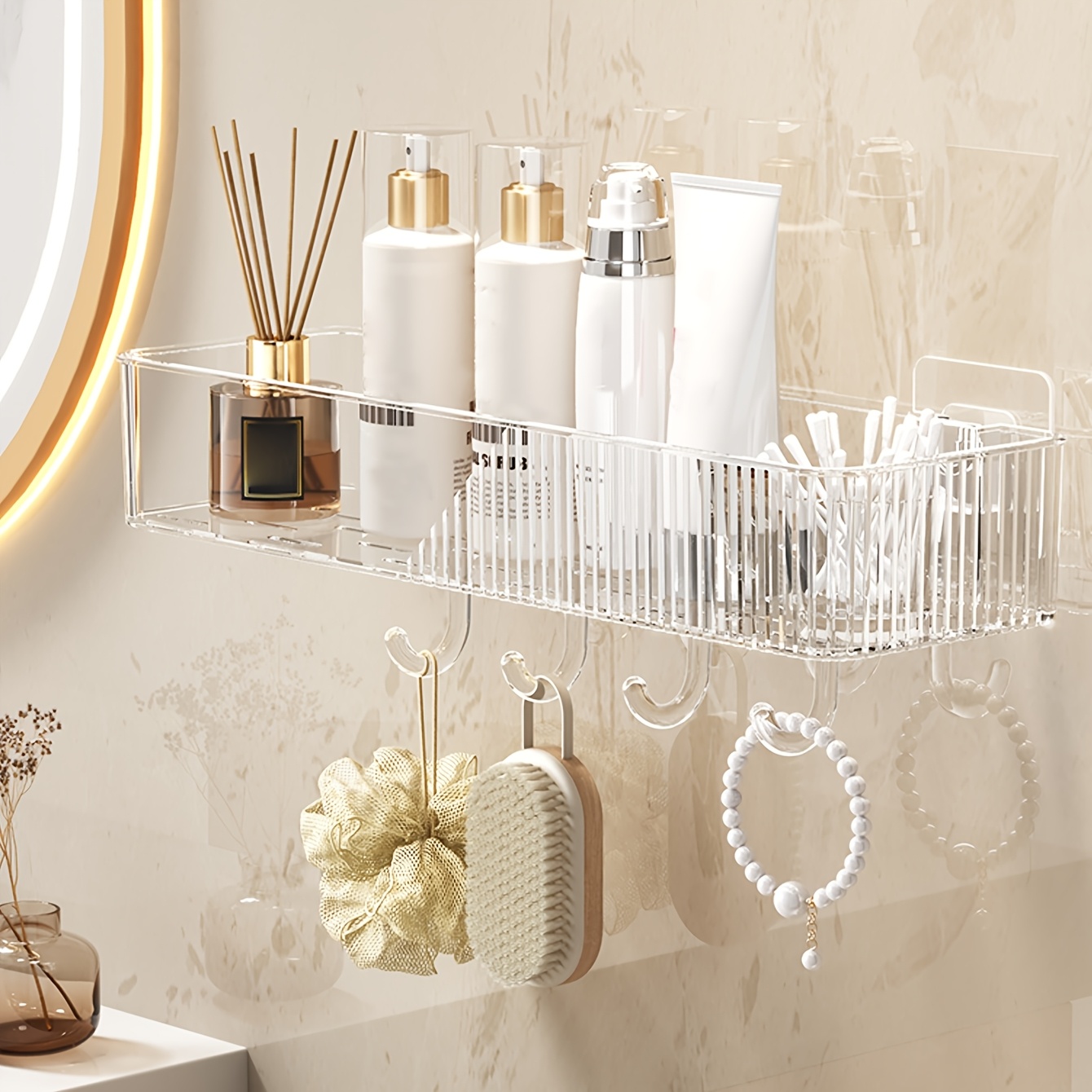 Image of Wall-mounted Bathroom Shelf, Space- Hanging Storage Rack For Bathroom Supplies, Durable Plastic, For , No Drilling Required, Unfinished End, 1 Shelf, Organizes Bathroom Items