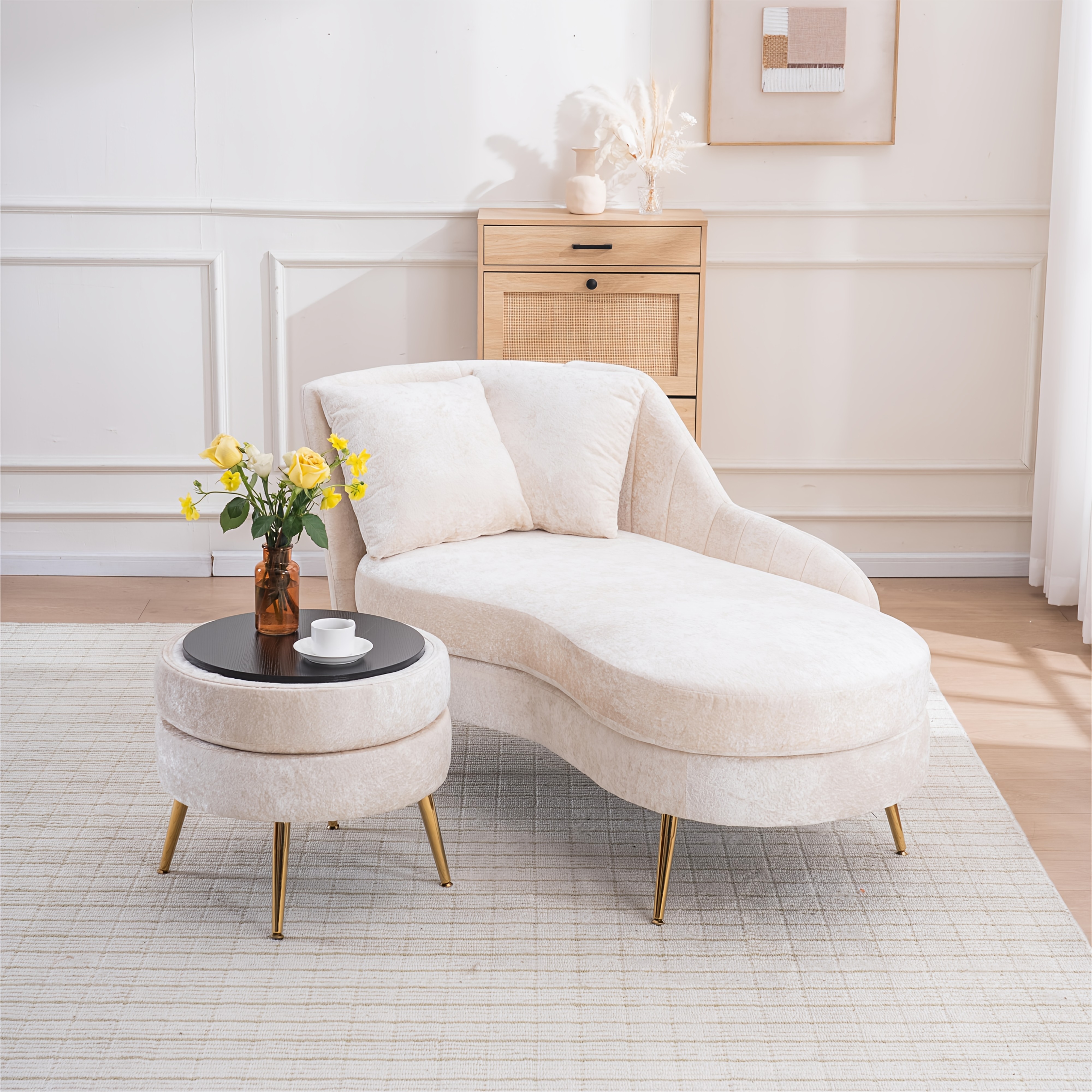 58'' Indoor Chenille Chair with Left Armrest And Lumbar Pillow Upholstered Furniture Lounge Chair, Lounge Sofa for Living Room Bedroom Office with Footstool.