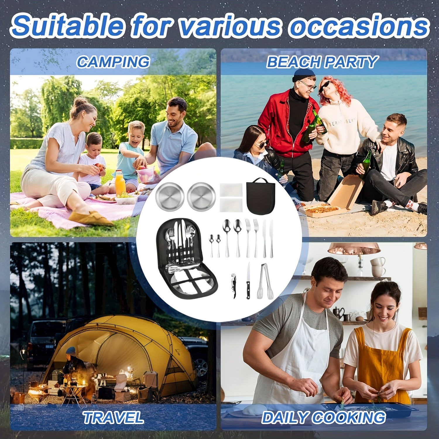 27pcs portable durable outdoor picnic tool set stainless steel high quality tableware with dinner knife forks plates soup spoon coffee spoon chopsticks tablecloth straw set bottle opener cleaning cloth clips and storage bag reusable dishwasher safe suitable for outdoor travel hiking backpacking picnic camping party   etc Product details 6