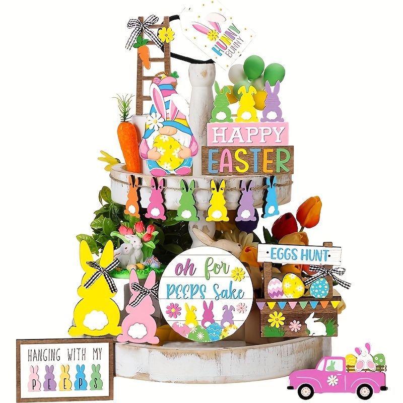 

16pcs Easter Tiered Tray Decor Tiered Tray Ornament Rustic Farmhouse Spring Decor Bunny Truck Gnome Egg Easter Decor Spring Wooden Sign For Home Table Decor