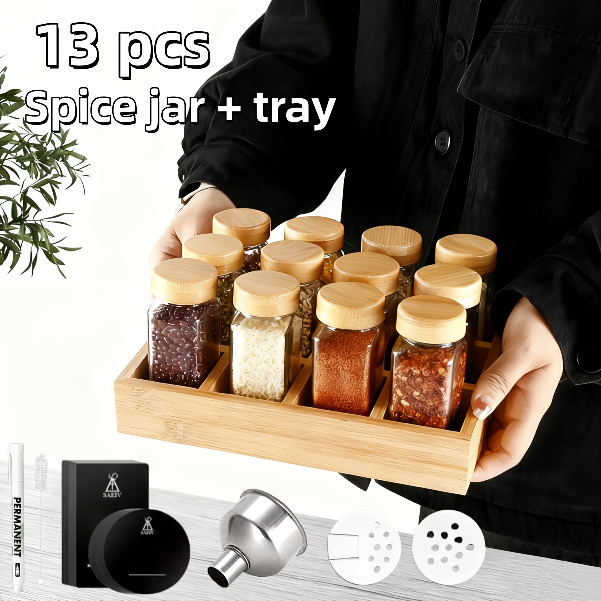 Saeiv 12/24pcs Spice Jar + 1x Tray, Bamboo Wood, 120ml Spice Jar, Spice Jar Drawer Organizer, Spice Rack With Glass Jars