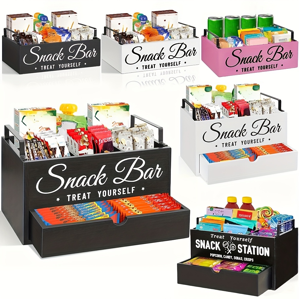 [Large 4-Compartment Snack Organizer] 4-Compartment Large Capacity Snack Organizer with Drawer | Recycled Wood Countertop Storage Bin, Farmhouse Style Pantry Organizer with Metal Handles & "Treat Yourself" Labels, Black & White Kitchen Storage for Snacks, Chips, Pantry Staples - Ideal Housewarming Gift, Durable Wood Construction