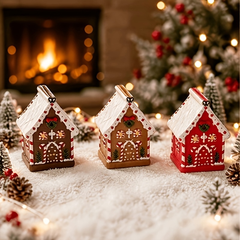 TEMU 3pcs Christmas Miniature Gingerbread House Ornaments, Mini Christmas Houses, Resin Crafts For Desktop Decoration, Suitable For Dollhouse Decor,