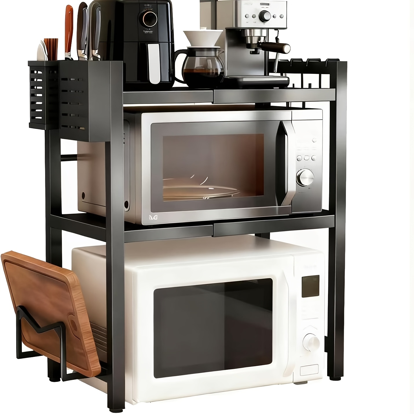 TEMU Double Layer Extendable Microwave Oven Rack, Adjustable Height 40-64cm, With Storage Layer, Equipped With 6 Hooks And Chopstick Cutting Board