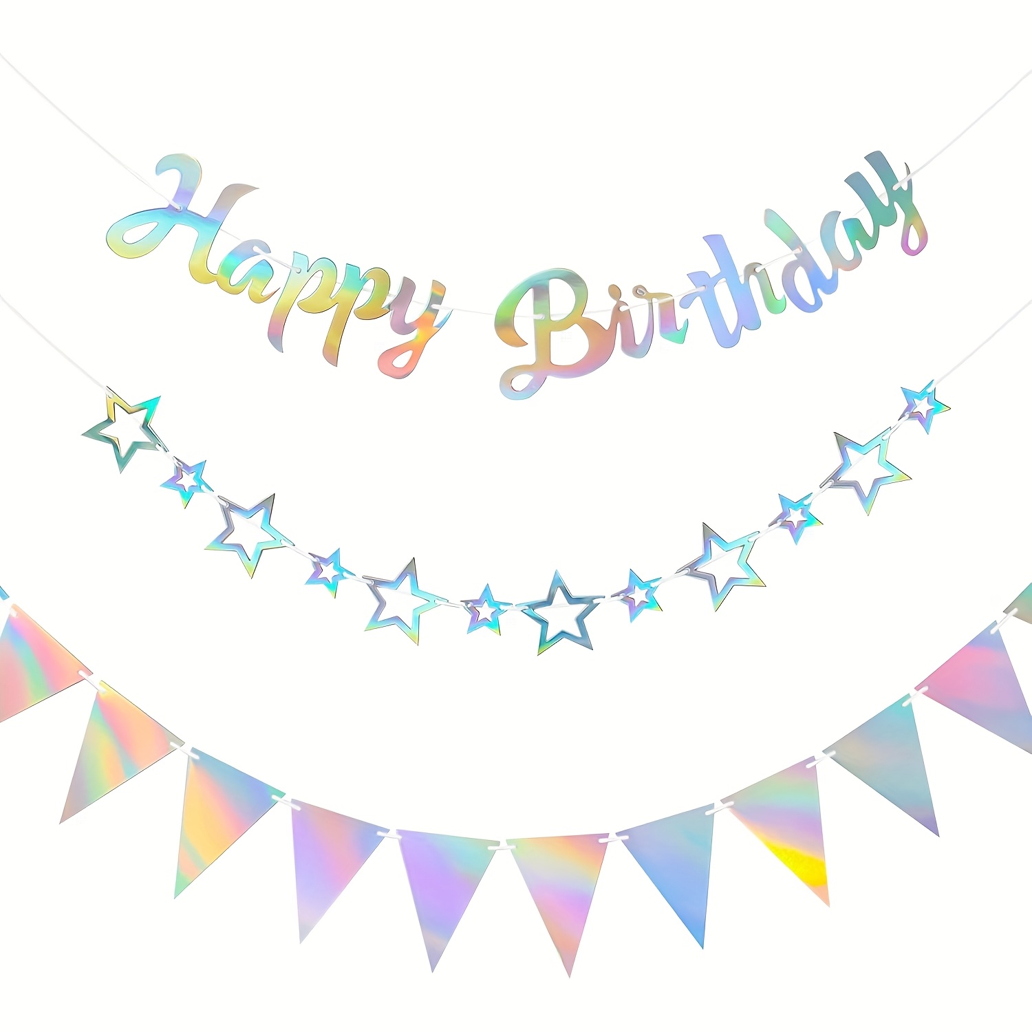 Image of 3pcs Rainbow Birthday Banner, Hanging Star Streamers And Flag Banners, Shiny Rainbow Party Decorations For Women, Men, Girls, Boys, And Adults