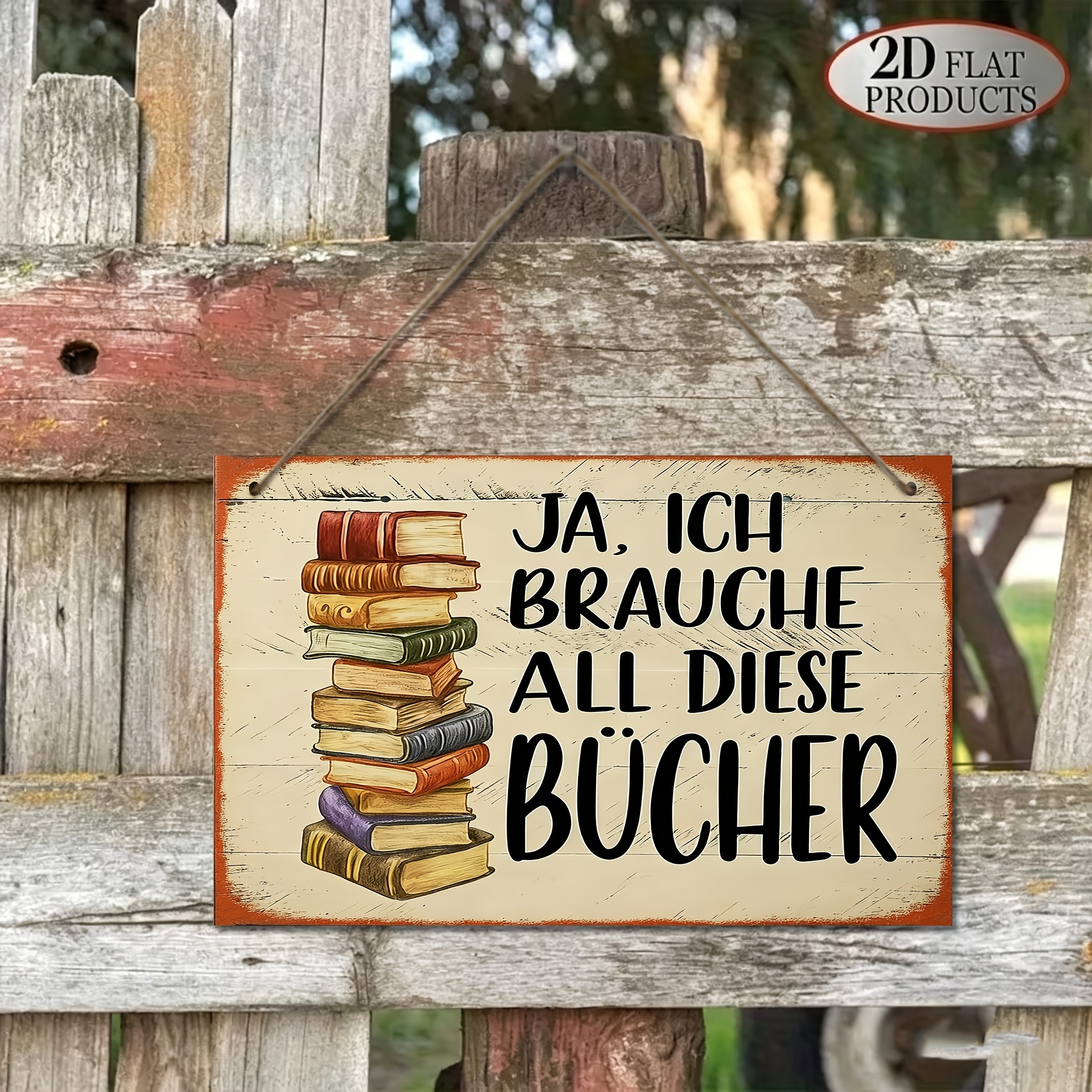TEMU 2d Flat, 1pc, German "i Need All Books" Wooden Hanging Sign, Vintage Distressed Book Pattern Wooden Plaque, Study/library Wall Decor, Creative