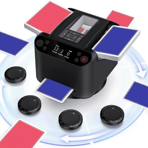 automatic card shuffler and dealer 1 2 decks support 12 players 4 drawing remotes built in gameplays 360 180 deal for poker skip bo rummy black