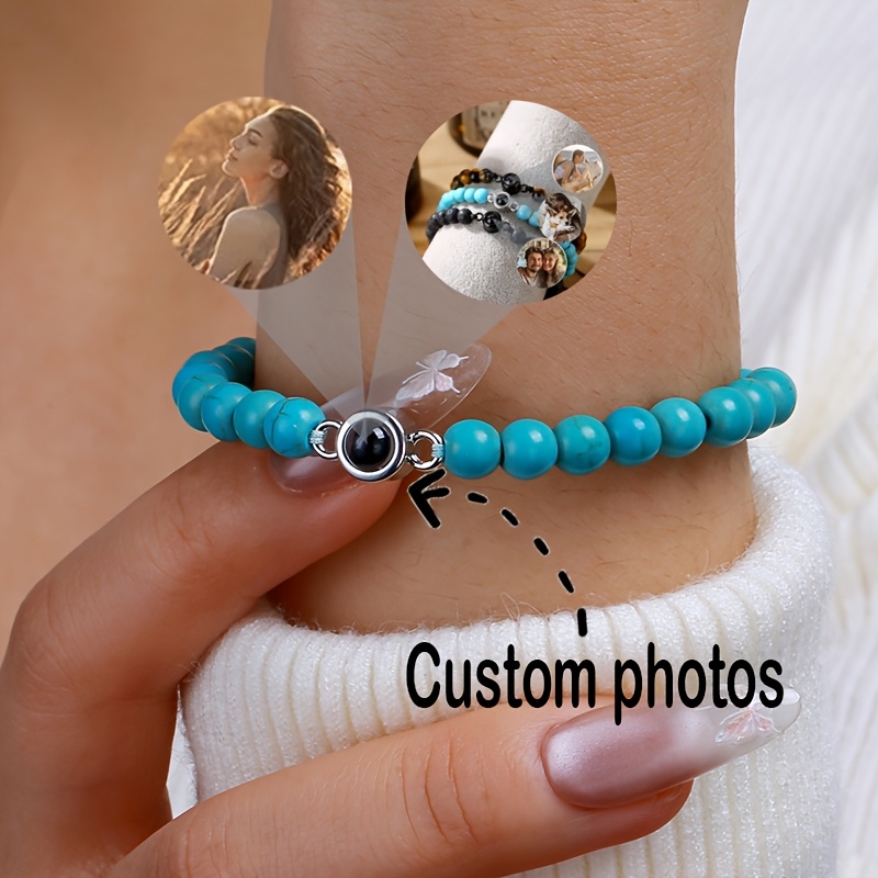 

Custom Photo Beaded Bracelet, Vintage Elegant Stainless Steel, With Personalized Pendant, For , Gift-, Valentine's Day, Unisex Jewelry For Couples
