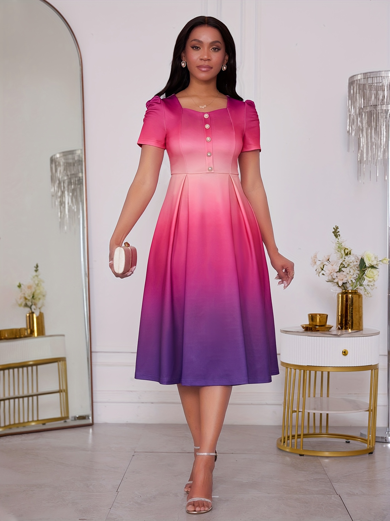 elegant gradient color block midi dress women square neck Temu