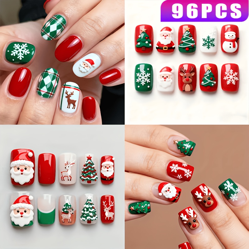 TEMU 96pcs Christmas Press-on Nails Suitable For - 3d Santa Claus, Reindeer & Snowflake Designs With Glossy, Removable Fake Nails, Square Medium