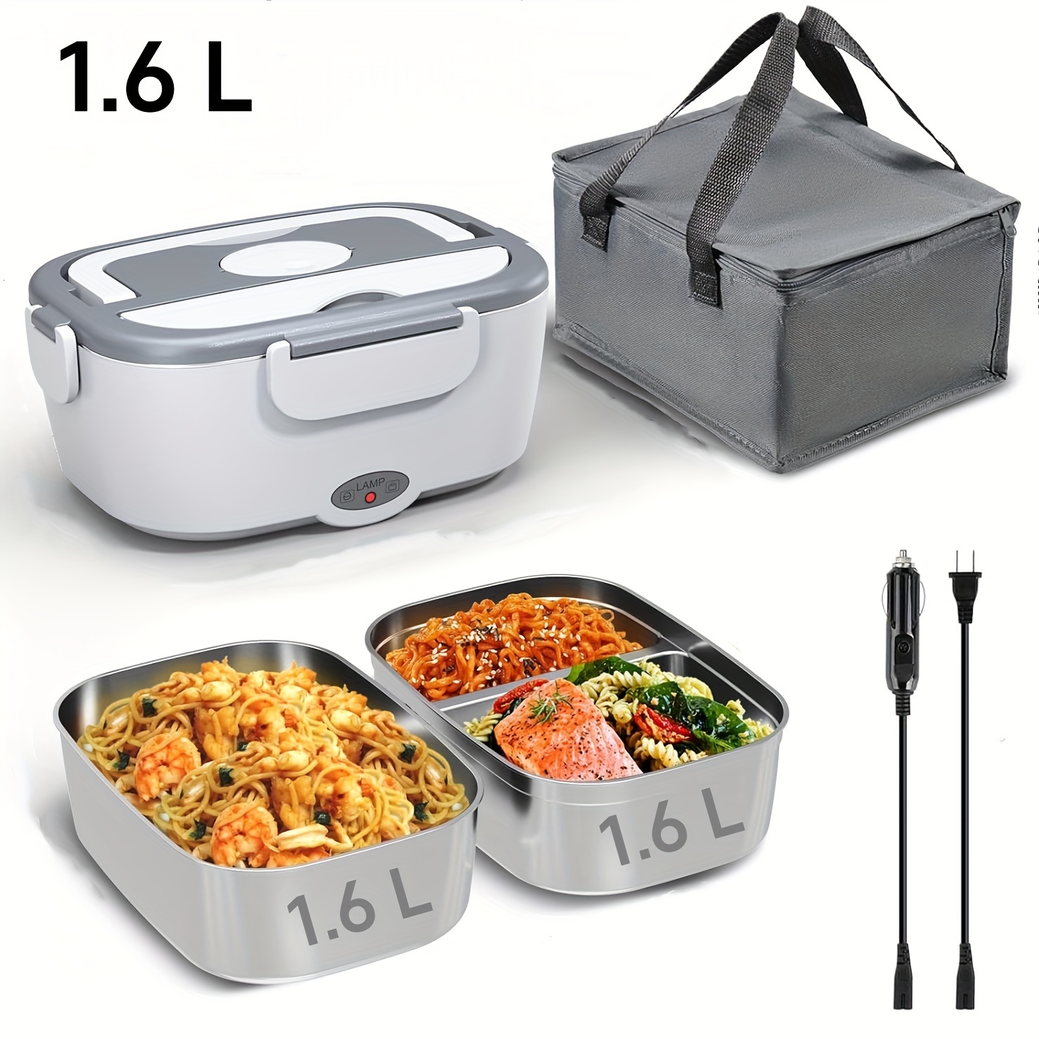 

Electric Lunch Box Food Heater, 3 In 1 Lunch Box Strong Sealing Leakproof, 12v 24v 110v For Car Truck Home, Food Warmer With Bag & 1.6l Ss Container For Adults White