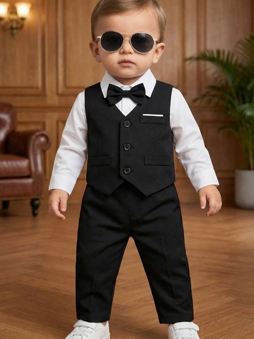 3pcs boys spring summer autumn suit set solid color long sleeve inner shirt vest straight leg trousers elegant stylish and fashionable babys trendy shirt cool and party and holiday formal wear for children