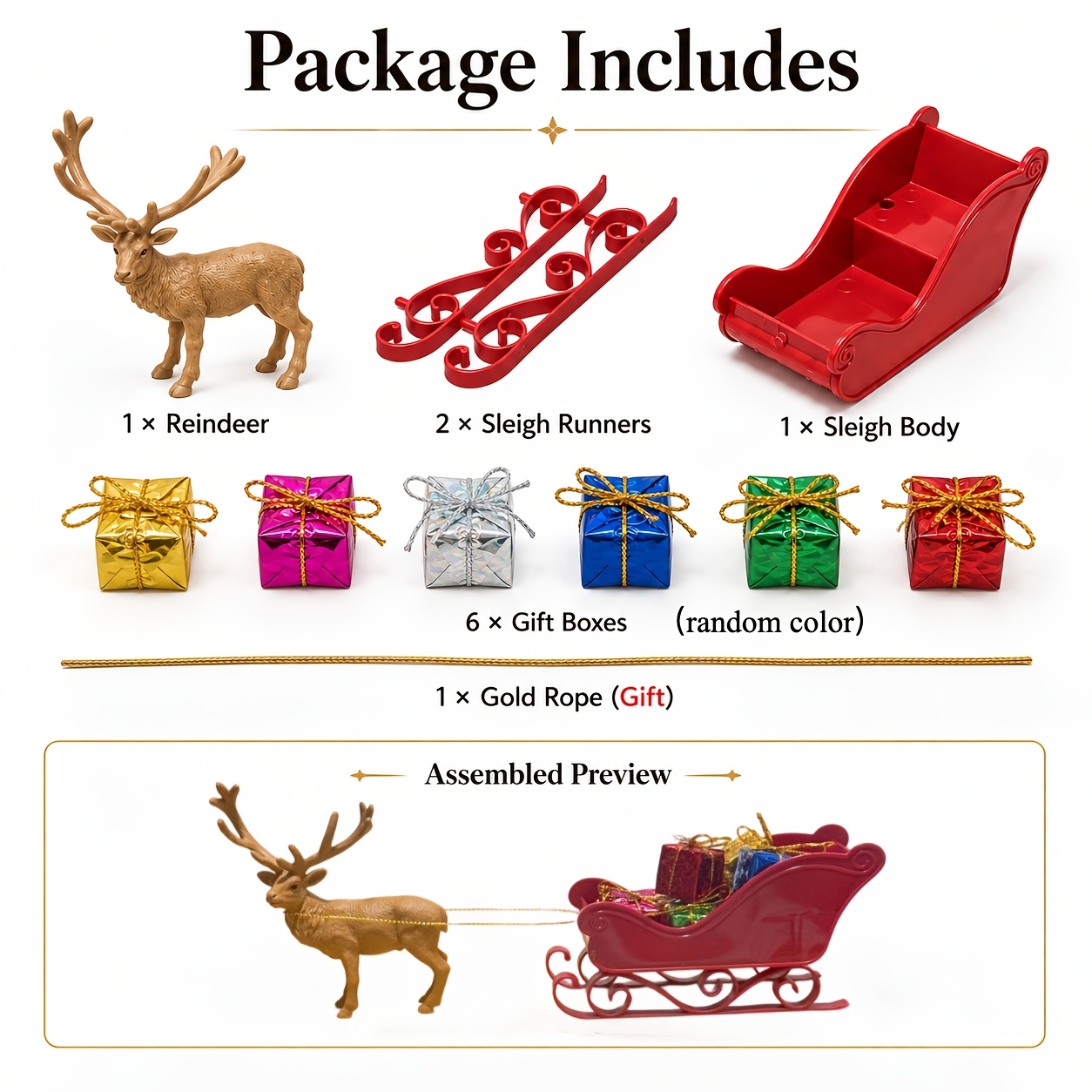 TEMU Kerstman-rendierslee-ornamentenset, kerstversiering, inclusief zes kleine cadeauzakjes-rekwisieten, winterse slee-ornament. Gemaakt van plastic,