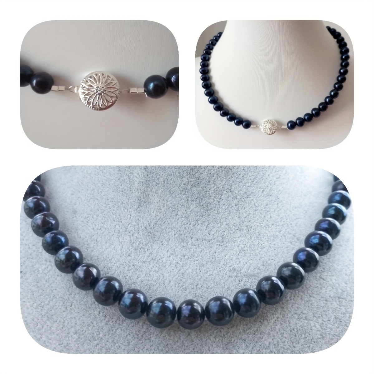 mysoya vintage elegant   blue   necklace 8 9mm natural pearls with silvery flower clasp   birthstone ideal for   special occasions   gift box for him her   valentines day details 0