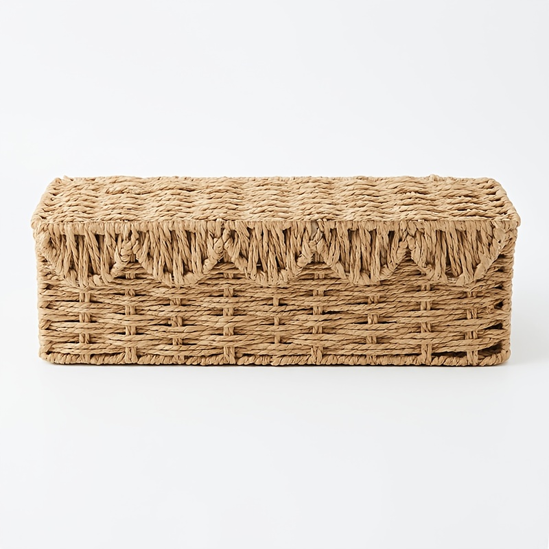 Image of 1pc Lace Paper Rope Storage Basket With Lid, Rectangular Storage Box With Dividers, Multi-functional Organizer For Desk, Living Room, And Office, Shelf Baskets