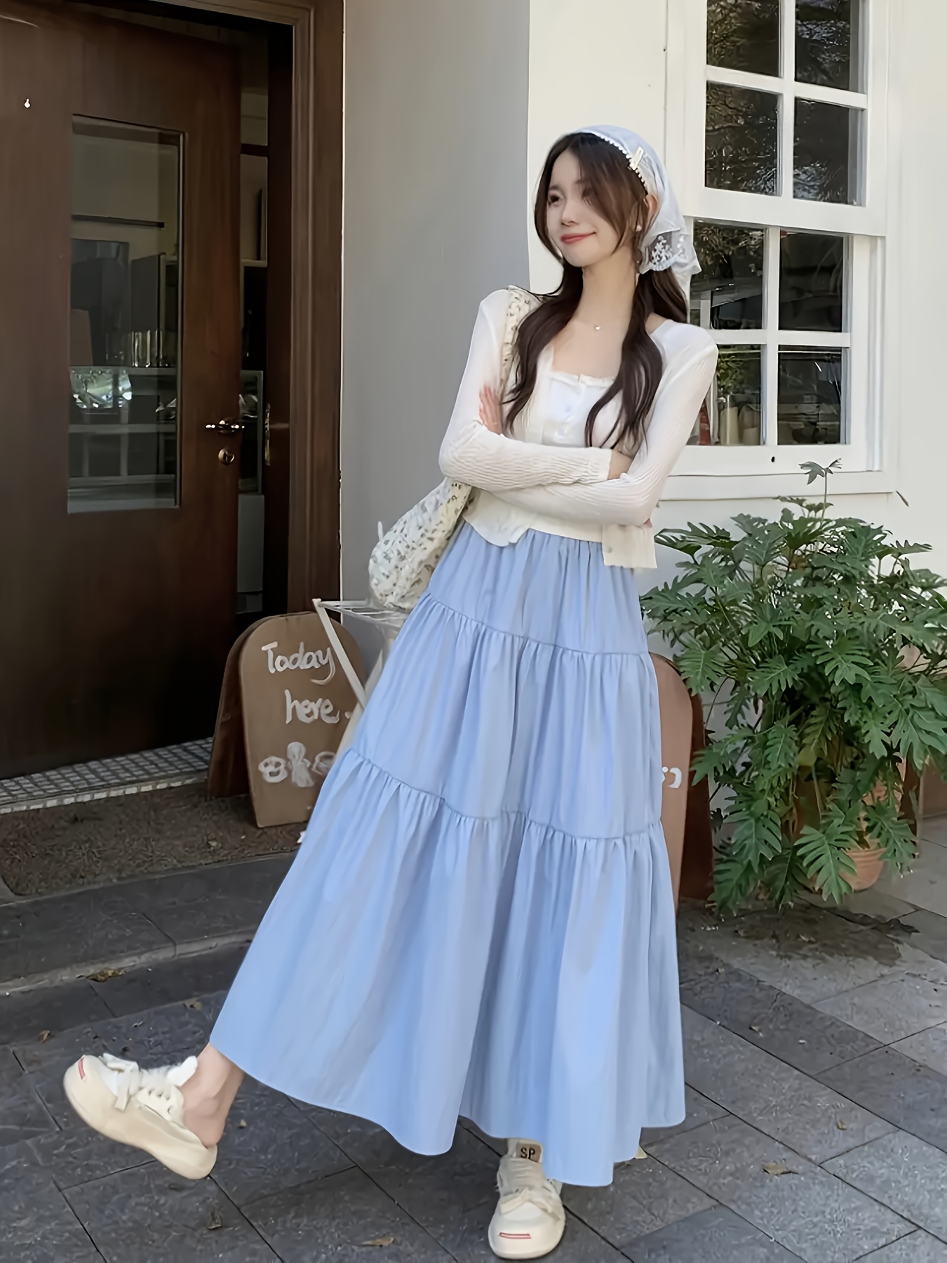 Light Blue White Top Blue Skirt Dress 's Elegant Maxi A-Line Dress