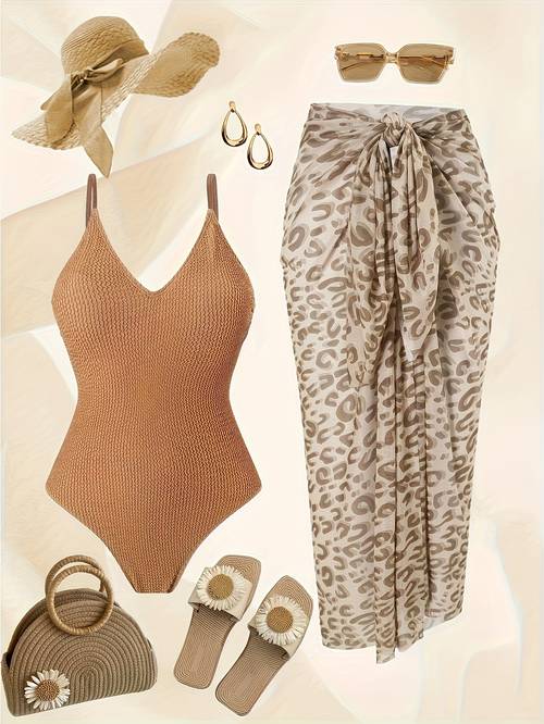 new womens fashion pleated swimsuit with leopard print and sheer skirt two piece set