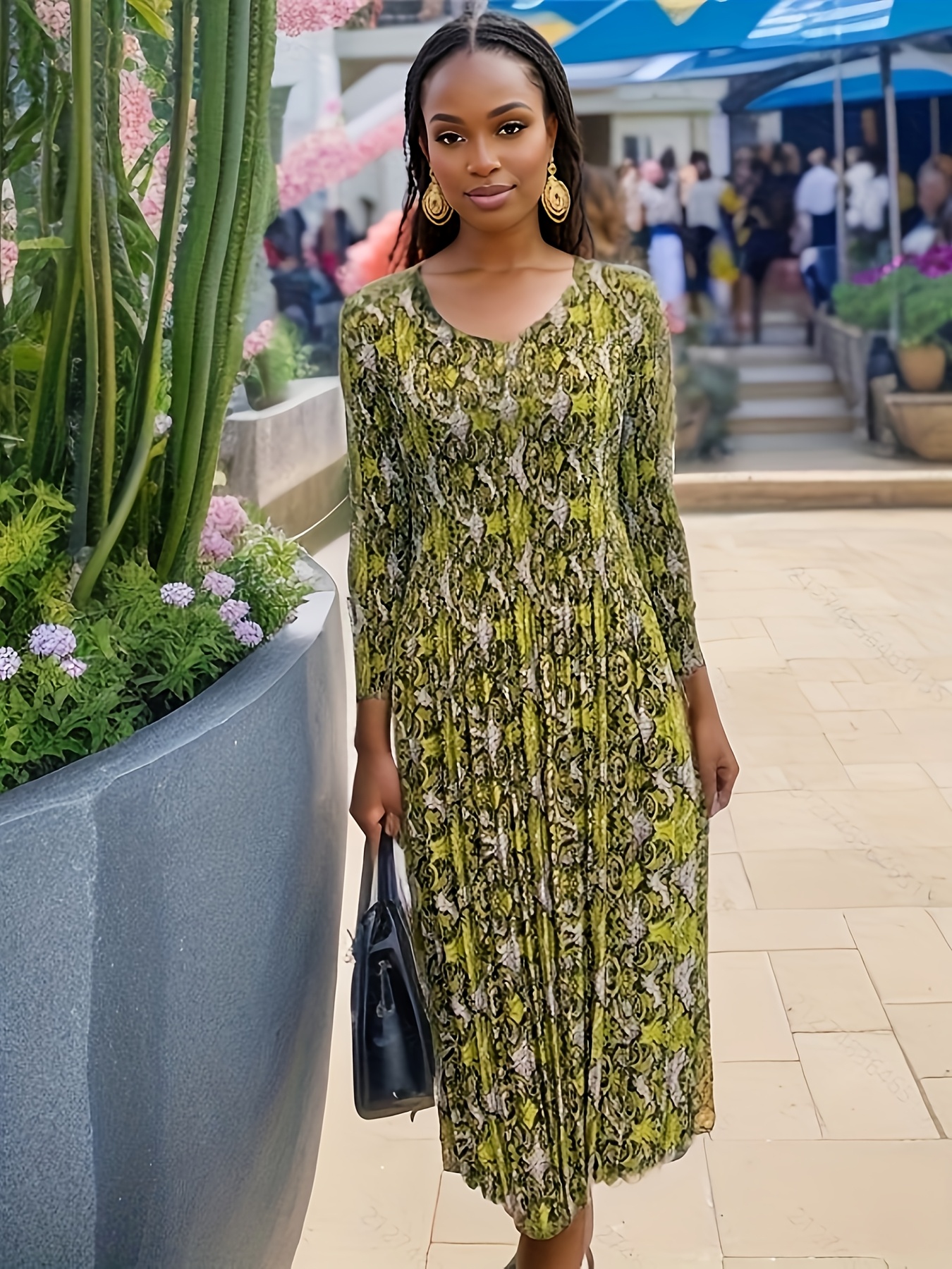 1pc Elegant Midi Printed Dress - Polyester V-Neck Pleated Fit and Flare  with Regular Sleeves for * - High Stretch Woven Fabric, Trapeze Hem, No  Padding - Going Out Pleated Dress