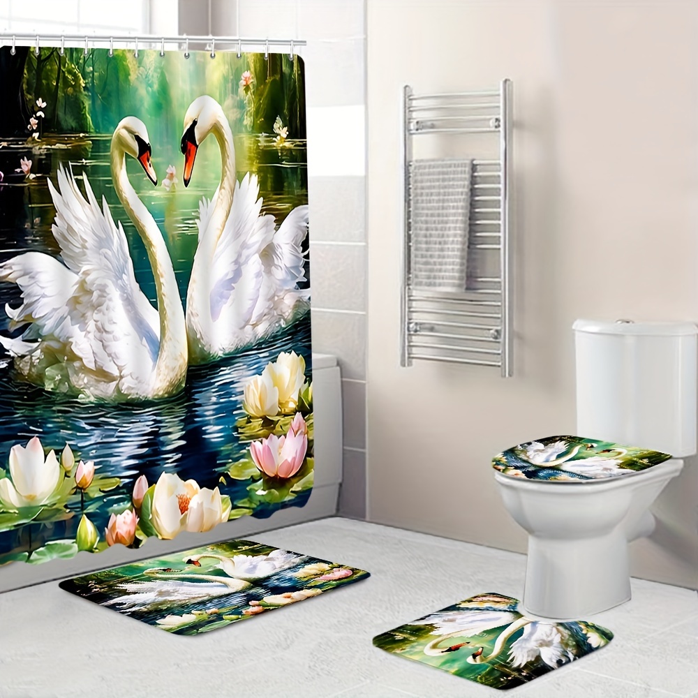 

1/4pcs Lakeside Swan Pattern Shower Curtain Set, Waterproof Shower Curtain With 12 Hooks, Non-slip Bath Mat, U-shaped Toilet Mat, Toilet Mat, Bathroom Accessories