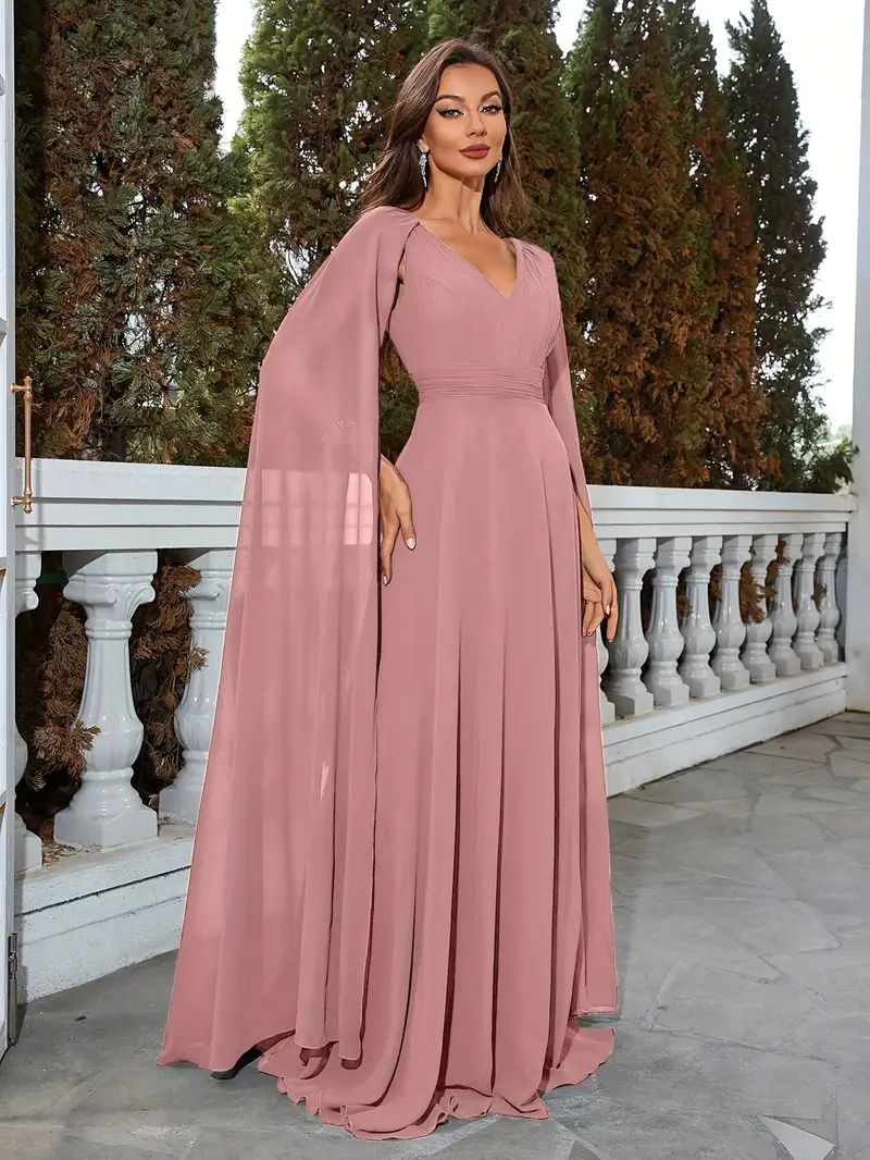 floating chiffon dress cynr Floating Light Halter V-Neck Beaded Chiffon Dress Muted Rose / L