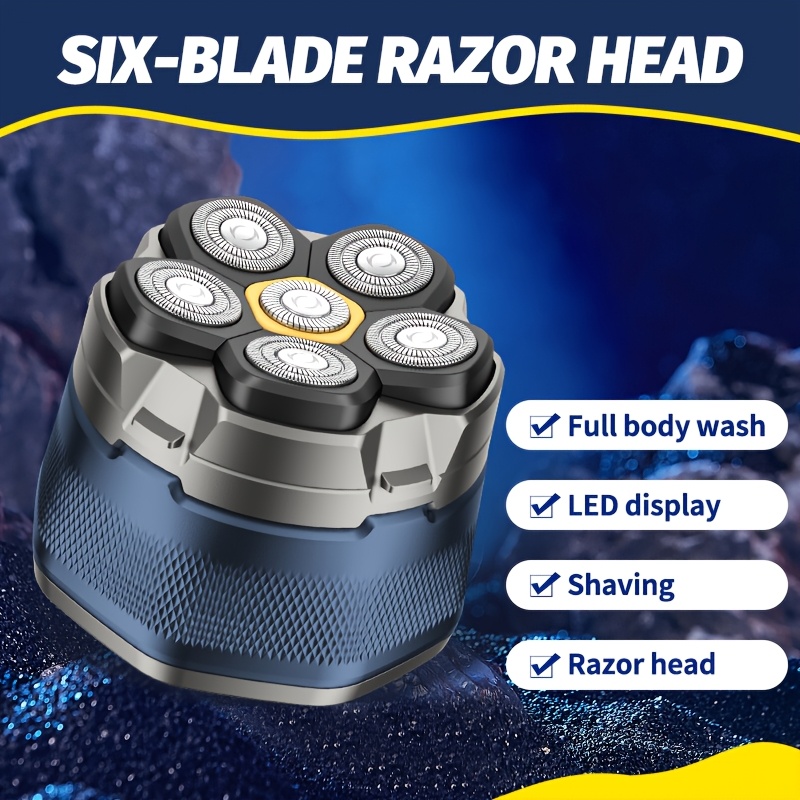 

6-blade Electric Head For Men - Usb Rechargeable, Stainless Steel Flexible Blades, Led Display, Full Body Washable, Long- 60+ Min , Ideal For Close Shaving At Home