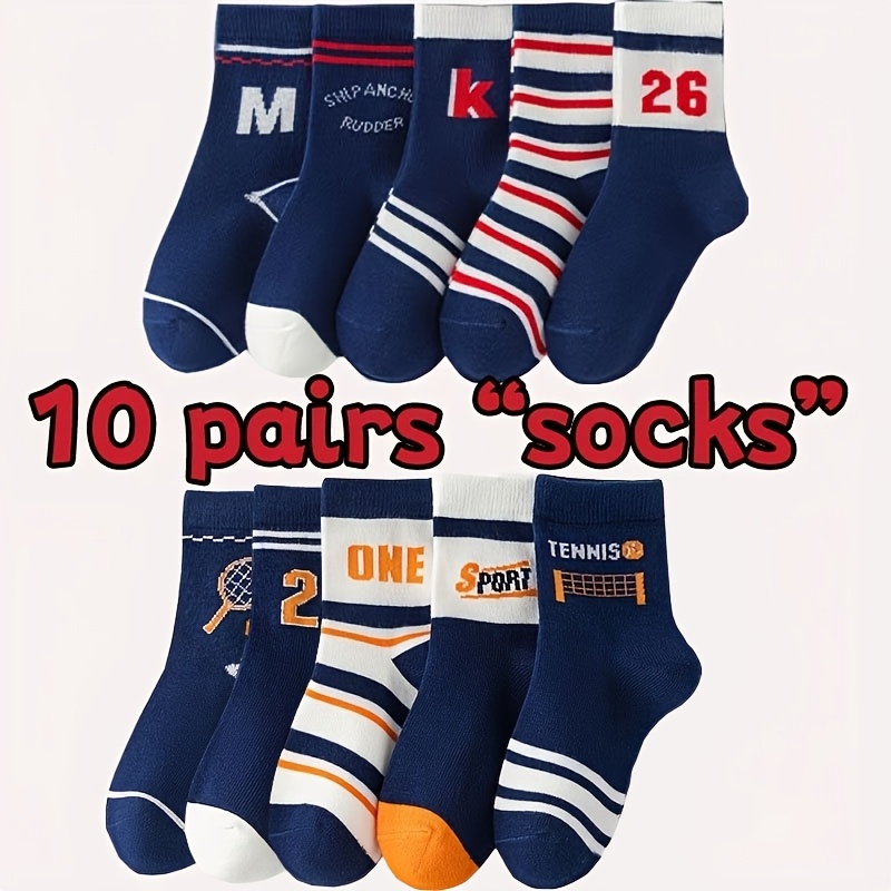 10 Pairs Boys Mid Crew Socks Tennis Style And