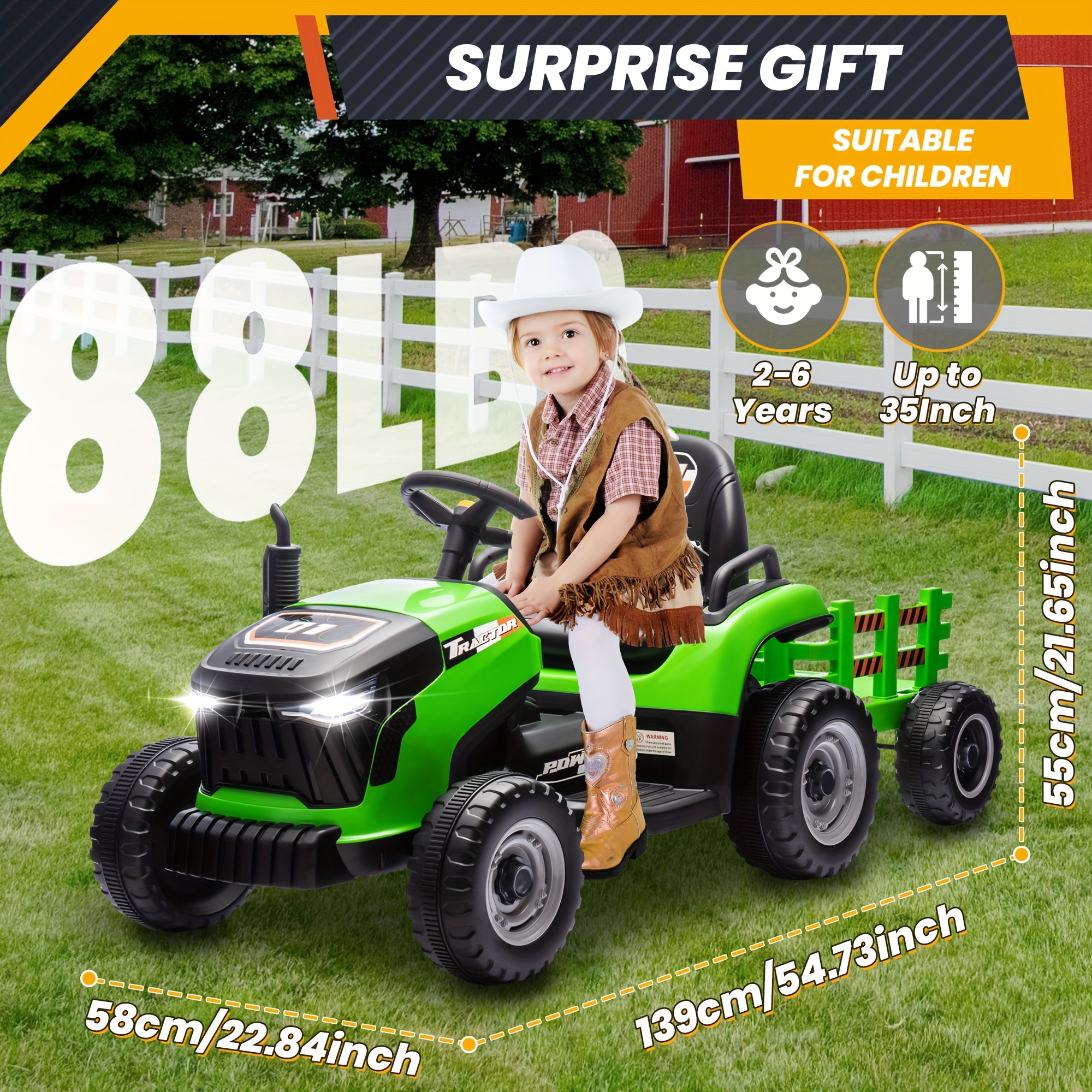 JOYRACER 2-in-1 Kids Tractor Ride-On with Detachable Trailer, Remote Control & Music - 2*200W Motor, 2-4.3MPH, Anti-Skid Wheels for Multi-Terrain, LED Lights + Seat Belt, Green & Black, Remote Control Ride-On | Kidfriendly Ride | Durable Construction, JOYRACER