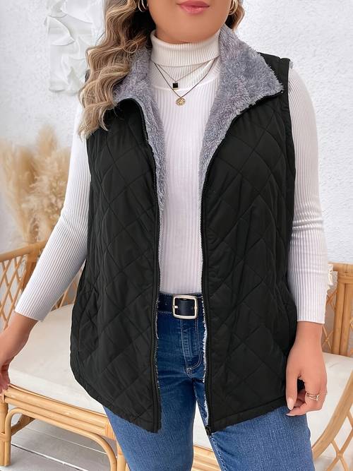 plus size plush lined zip up vest jacket casual sleeveless warm gilet jacket for fall winter womens plus size clothing