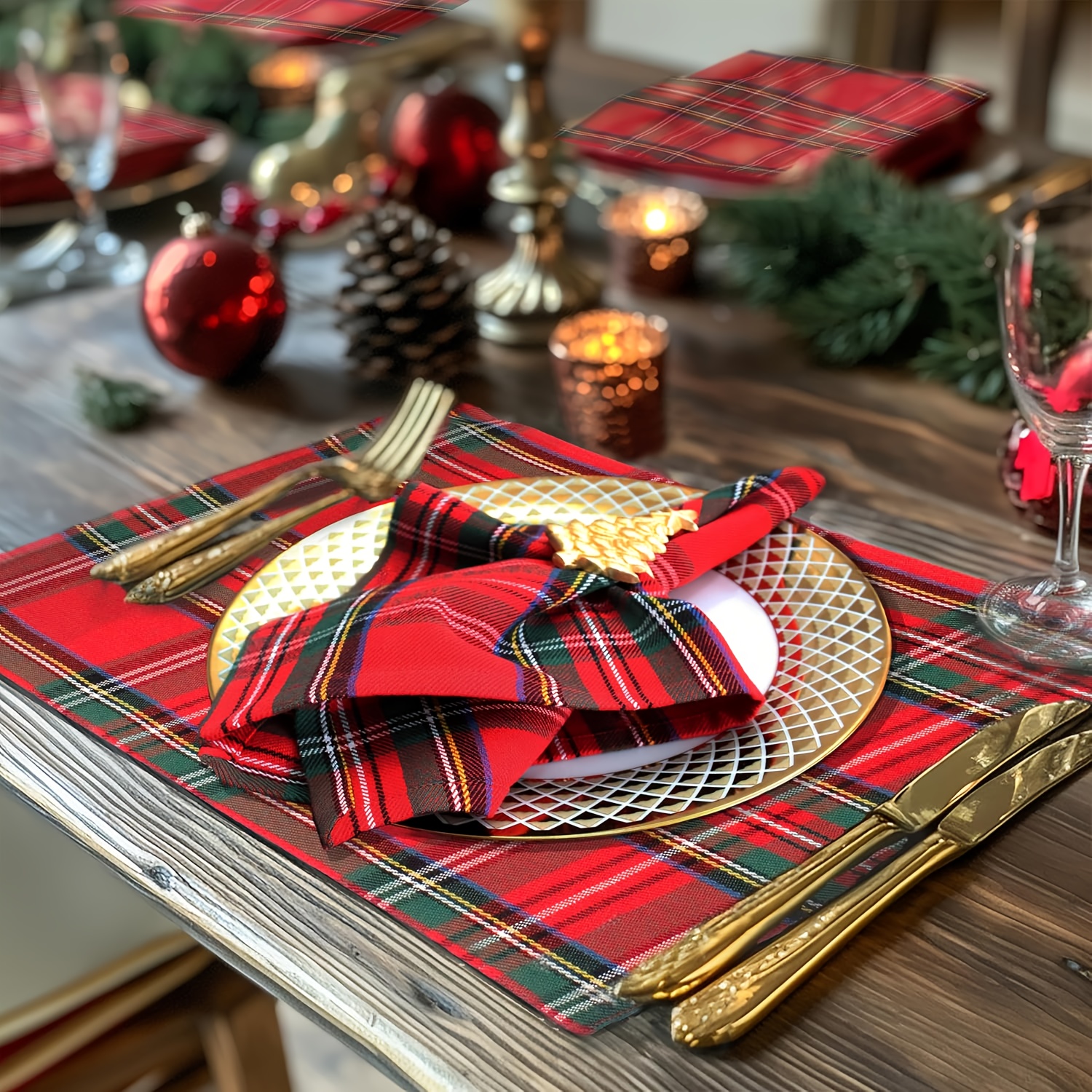 Image of 6pcs/12pcs Festive Christmas Tartan Polyester Napkins - 100% Reusable Washable Square Tablecloth Serviettes For Holiday Lunch Dinner Party Celebration - Red Green