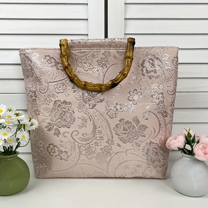 

Elegant Floral Canvas Tote Bag With Bamboo Handle - Large Capacity, Detail, /ivory, Zip Closure - Work & Travel