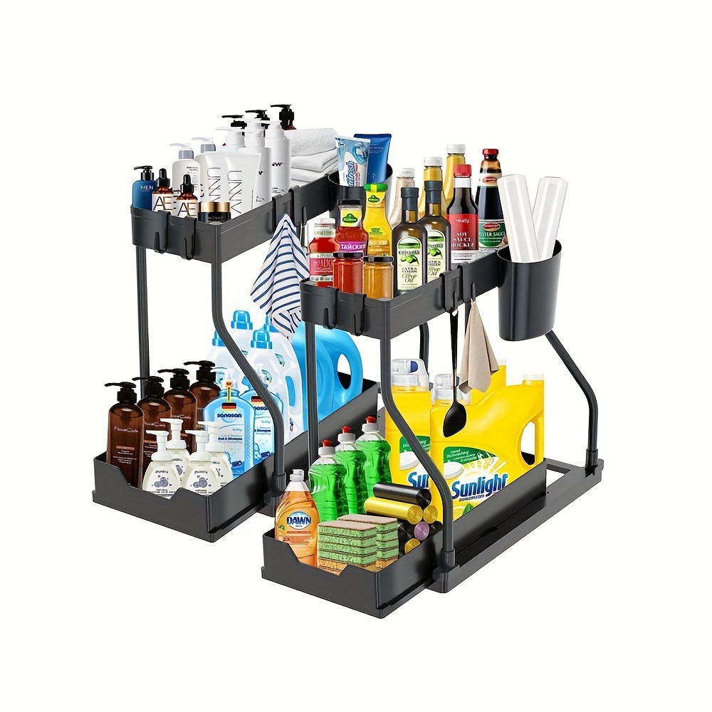 expandable under sink organizer 2 tier multifunctional pull out storage rack with hooks and hanging cup adjustable plastic shelving unit for kitchen and bathroom versatile space saver for     14 details 0