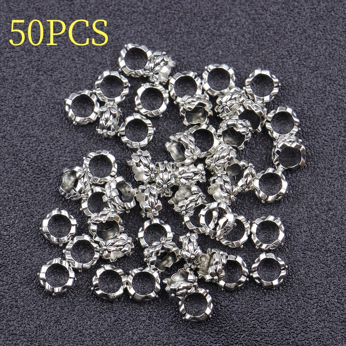 TEMU 50pcs Alloy Flower Beads With Spacers - Flower-shaped Large Hole Diy Beading For Jewelry Making, Necklace, Bracelet, Earring Crafting - Beads