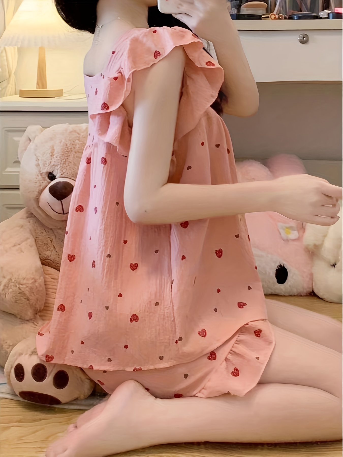 새로운 핑크 하트 하트 파자마 여름용 하이킹 카툰 달콤한 버섯 리플 ins 기숙사 귀여운 두 조각의 라운지웨 - Temu  Republic of Korea