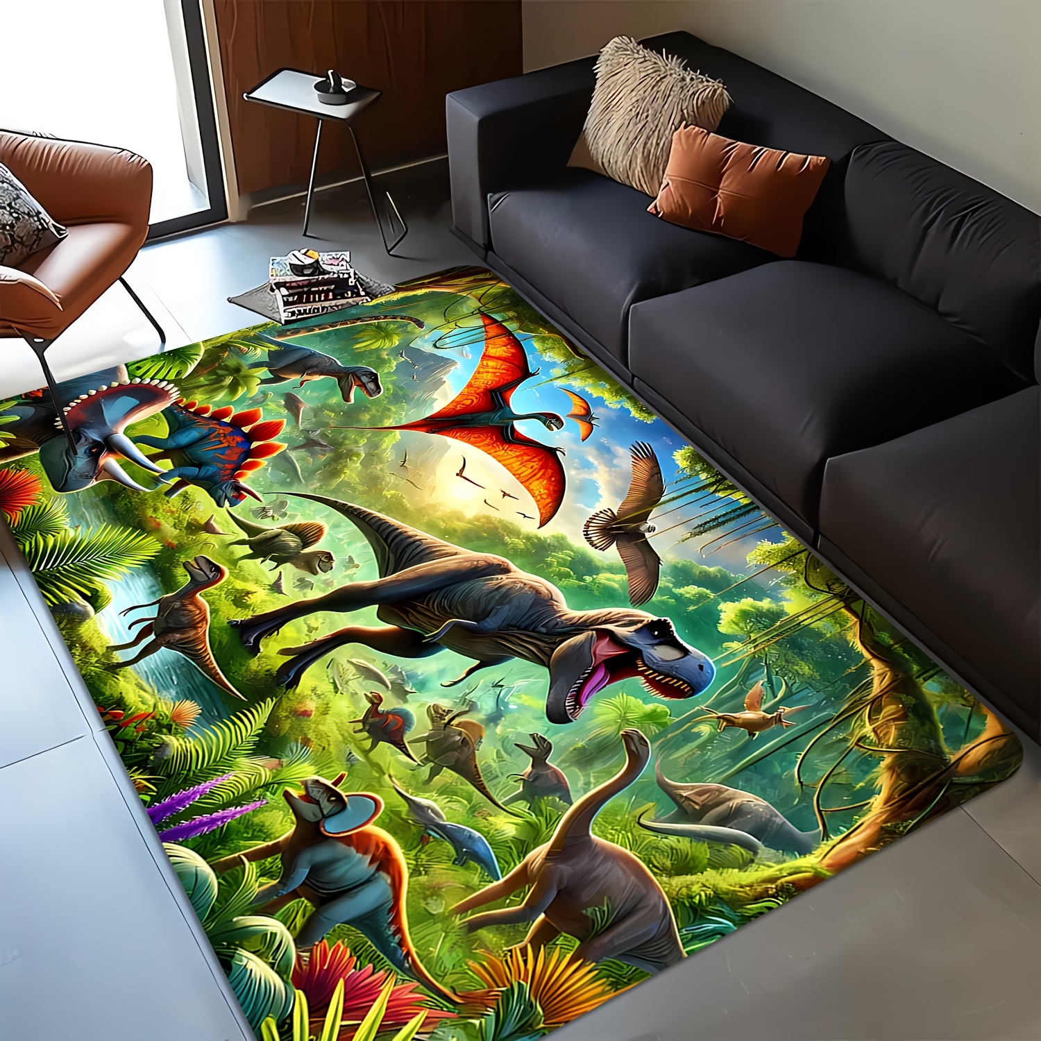TEMU [product] 1pc, Spring/summer Decoration, Dinosaur Pattern Primitive Style Forest Design Rug - Washable - Living Room Coffee Table Rug, Bedroom