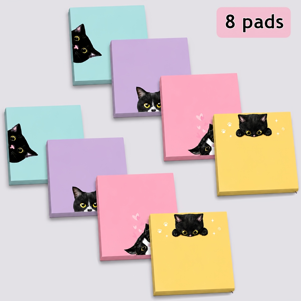 TEMU 4pcs/8pcs Cat Sticky Notes Suitable For Office, School & Home Organization - 4 Adorable Kitten Designs, Per Pad, Square Black Cat-themed