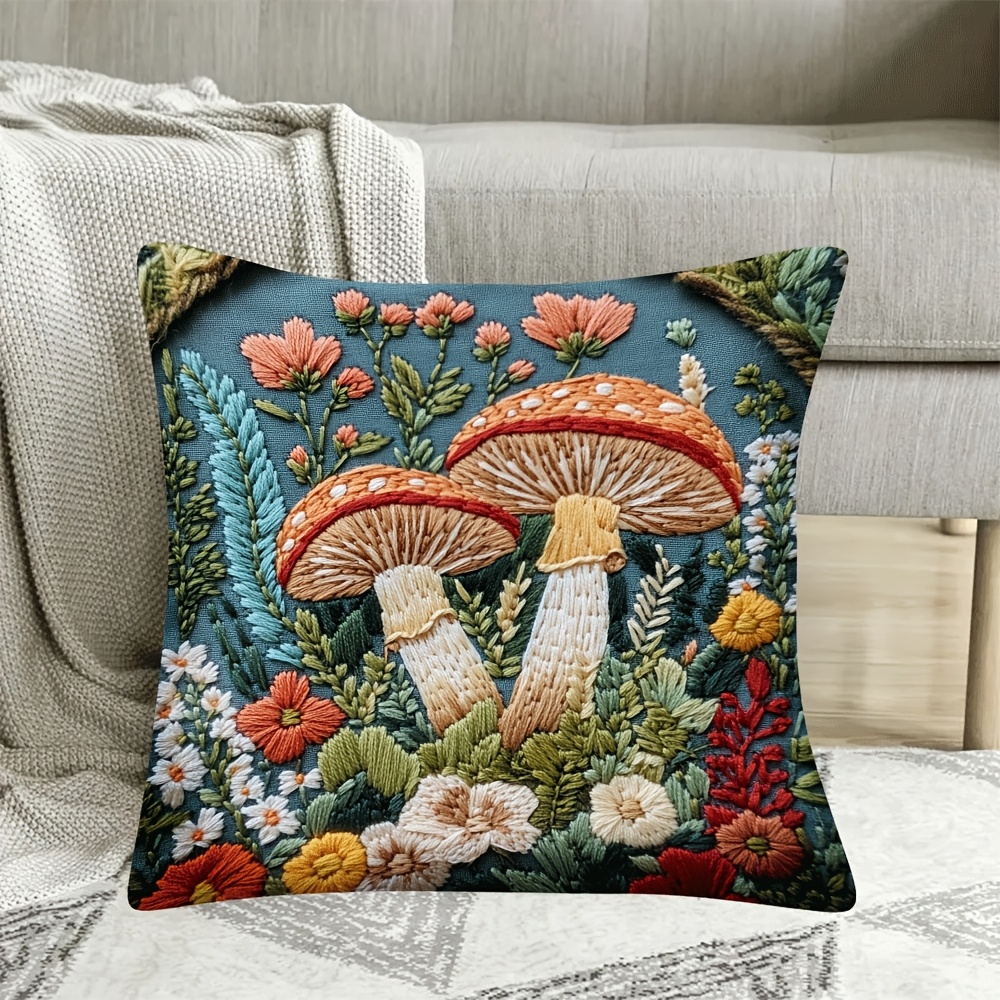 

1pc Vintage Mushroom Embroidered Pillow Cover, 18x18inch Polyester Short Plush With Zipper, Machine Washable, Decorative Throw For Living Room, Bedroom, Office - Cottagecore Aesthetic