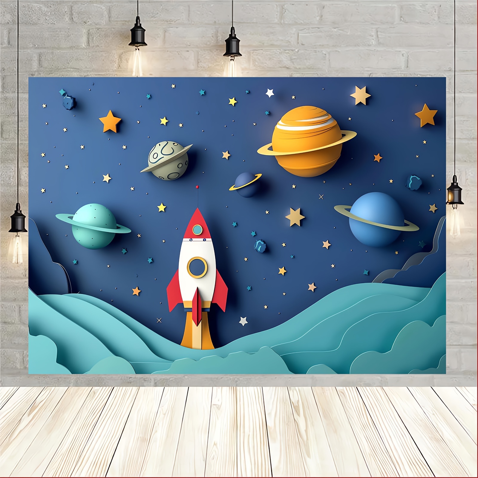 

Space-themed Photography Backdrop - Cartoon Spaceship & Galaxy Design, Polyester, Versatile For Birthday Parties, School Activities & Video Shoots