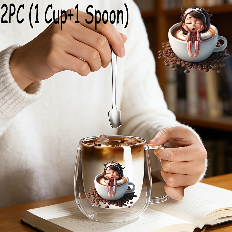TEMU 2pcs(1pc Glass Cup+1pc Spoon),insulated Double-walled Borosilicate Reusable Water Cup With Handle,large Capacity Clear Coffee Mug For Beverages