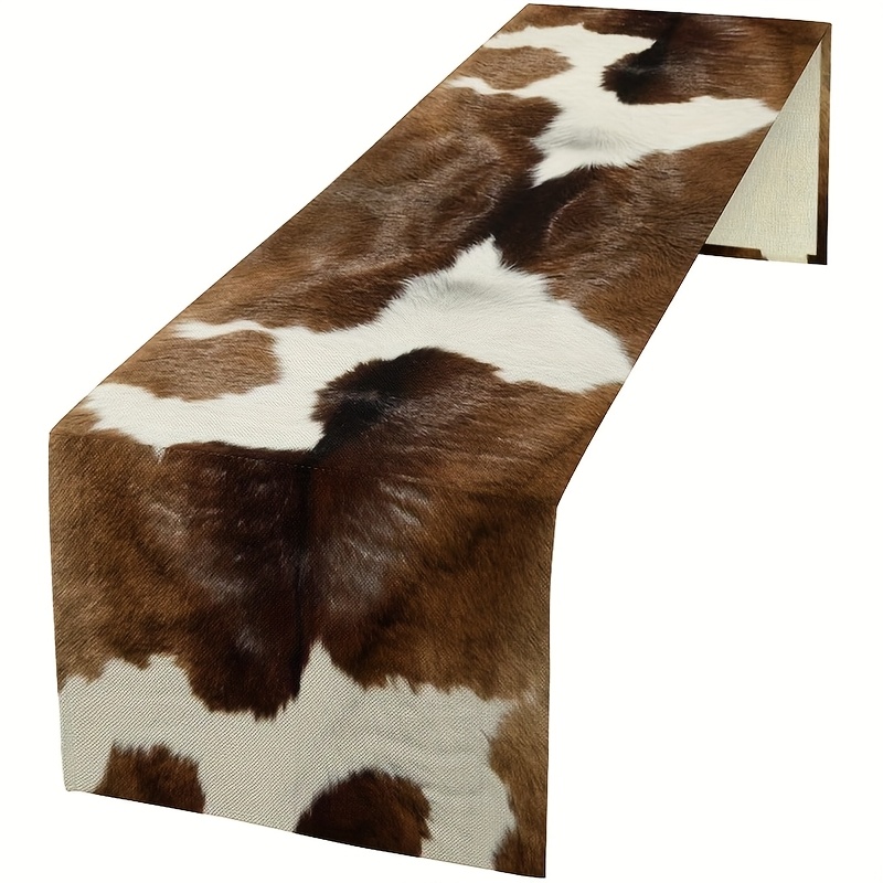 TEMU Cowhide Print Table Runner - Rustic Farmhouse Western Style, White And Brown Cowhide Design, Durable Material, Perfect For Kitchen, Dining Room,