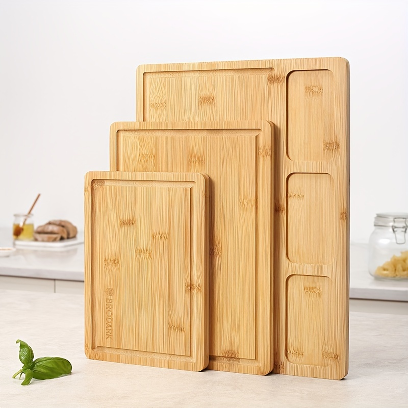 

Bamboo Cutting Boards For Kitchen, (set Of 3) Kitchen Chopping Board With 3 Built-in Compartments And Juice Heavy Duty Serving Tray Wood Butcher And Wooden