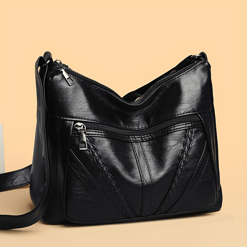 

Soft Vegan Leather Crossbody Bag, Fashion Braided Decor Purse, Women's Multi Zipper Shoulder Bag