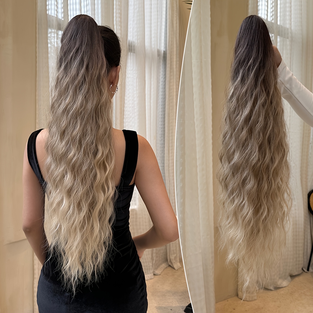 Ombre Color Claw Shaped Ponytail Extension 28 Inches Water Wave Heat-resistant Fiber Synthetic Ponytail Wig, Suitable For Short Hair Accessories For Women' Use For Party