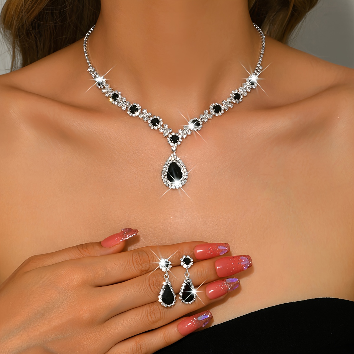 Modieuze 2-delige Ketting en Oorbellen Set, Luxe Strass Waterdruppel Hanger | High-End Sieraden | Party/Banket/Bruiloft Accessoires