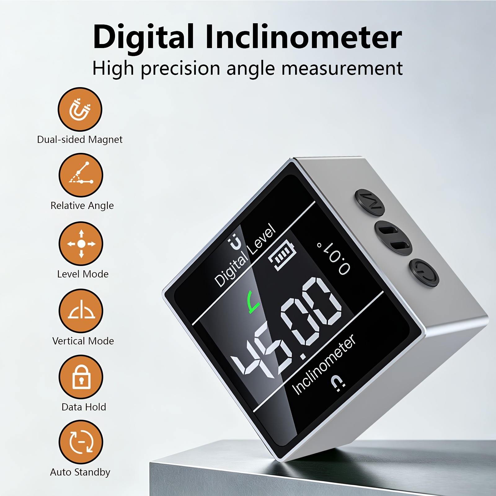 TEMU Portable Digital Angle Finder, 360° Dual-sided Magnetic Inclinometer, Relative/ Angle Measurement, Professional High-precision Electronic