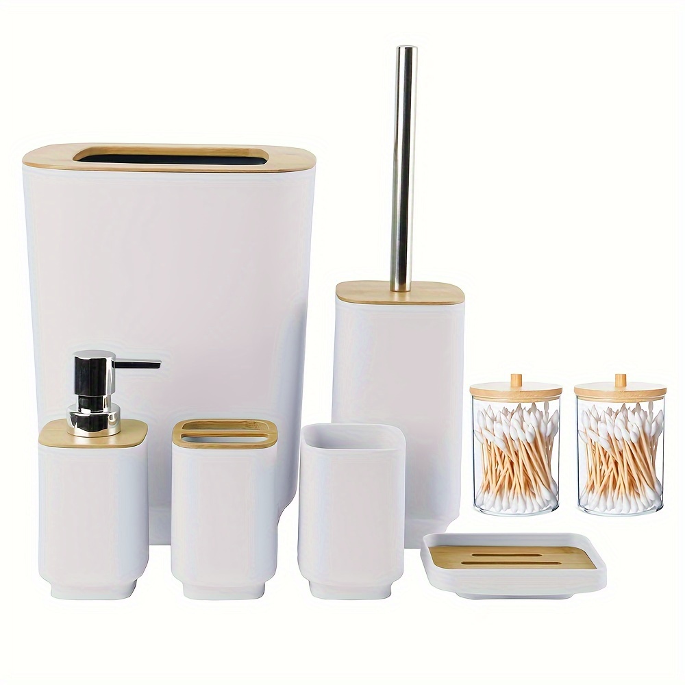 

8-piece White Bathroom Accessories Set - Includes Trash Can, Toothbrush Holder, Cup, Lotion Soap Dispenser, Soap Dish, Toilet Brush, Cotton Swab Holder And Storage Box