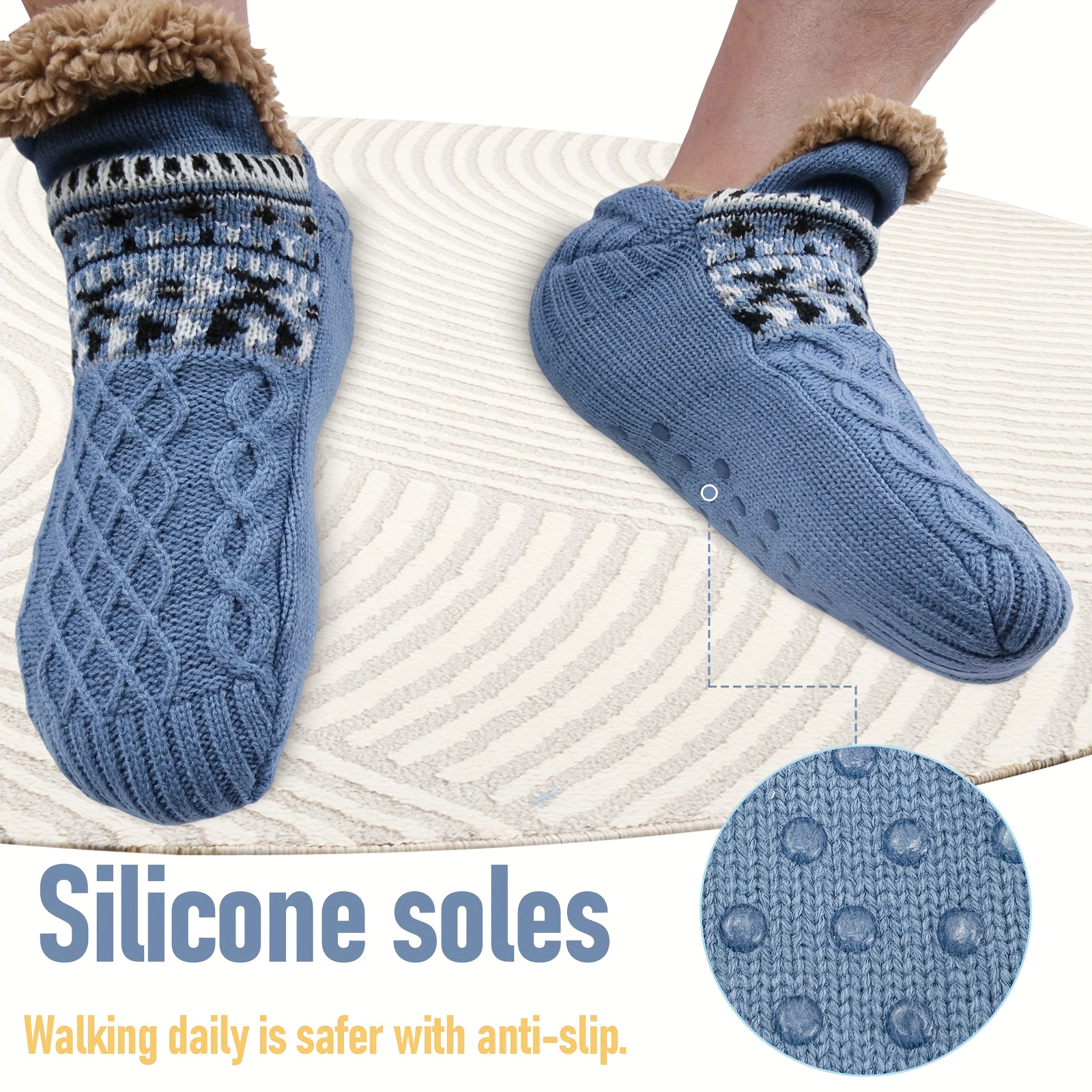 NS-Sherpa Fluffy Bed Slippers for Men & Women - Warm, Non-Slip, Comfortable Knitted Socks with Plush Fleece Lining, Striped Design, Perfect for Indoor Use, Indoor Slippers | Plush Lined Socks | Knitted Socks, Slippers for Indoor Use, Bed Sock Men, Fuzzy Sock Extra Large, Sleep Sock Big Size, Thermal Sock For Sleeping, Sock Men Extra Shirt, Men Sock Good Quality